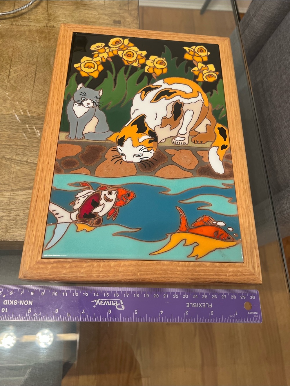 Large Koi fish & Cats vintage, hand-painted ceramic art tile by Arius Tile compa - Picture 3 of 5